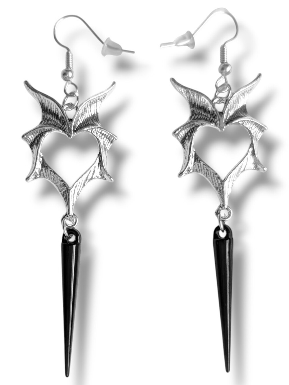 NWT Handmade Silver Heart Shaped Bat Wings with Dangly Black Spike Earrings